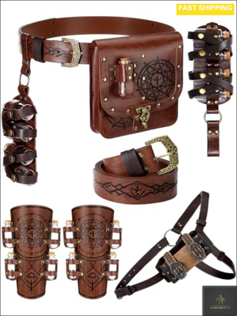 Medieval Fantasy Belt Set PU Leather Alchemy Pouch Wrist Guard